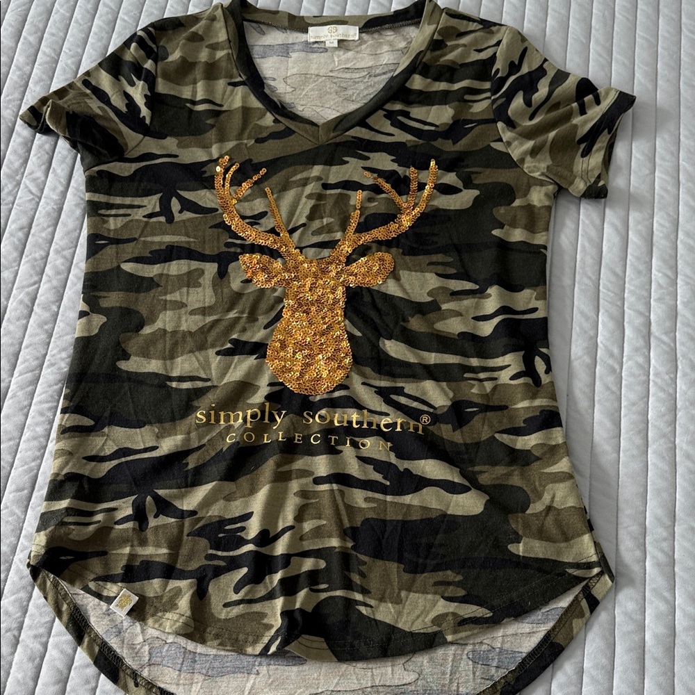 Simply Southern Camouflage Tee with Gold Sequin Deer